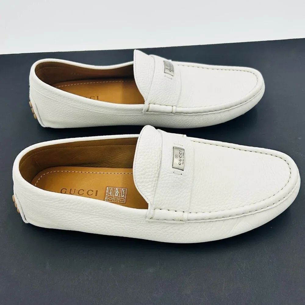 Gucci Men's White Scotch Grain Leather Driving Shoes Size US 9.5 G 9 EUR 43 NEW - Picture 7 of 14